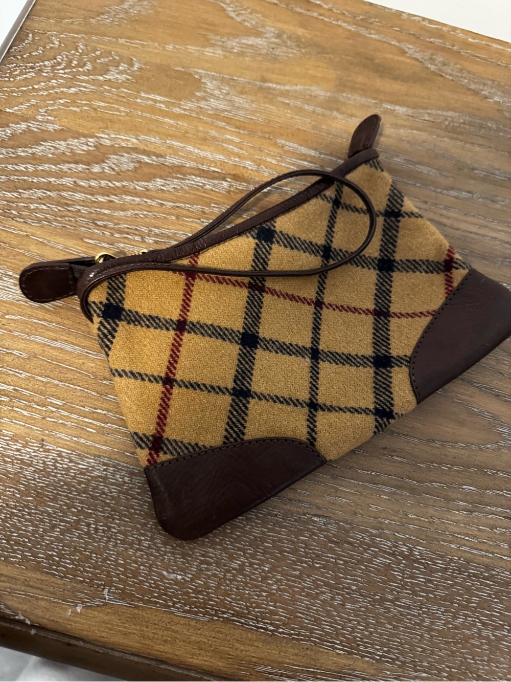 Brooks Brothers Mustard Plaid Wool & Brown Leather Wristlet Clutch